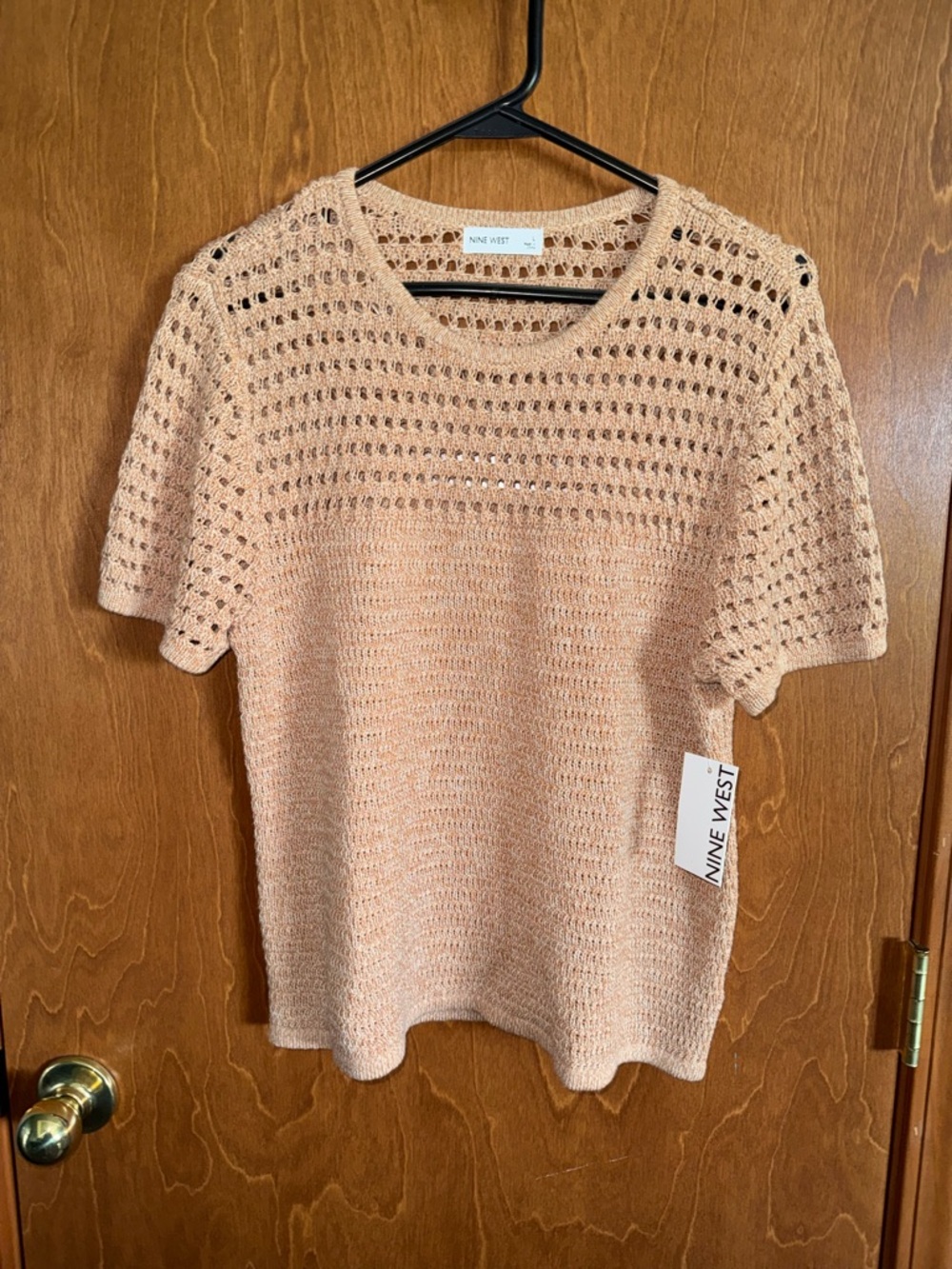 Light Peach Tan Crochet Knit Short Sleeve Top